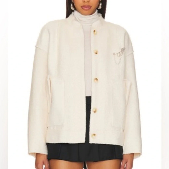 Free People NWT Willow Bomber Jacket Ivory Cream Size Medium Button Pearl Brooch - Picture 1 of 12